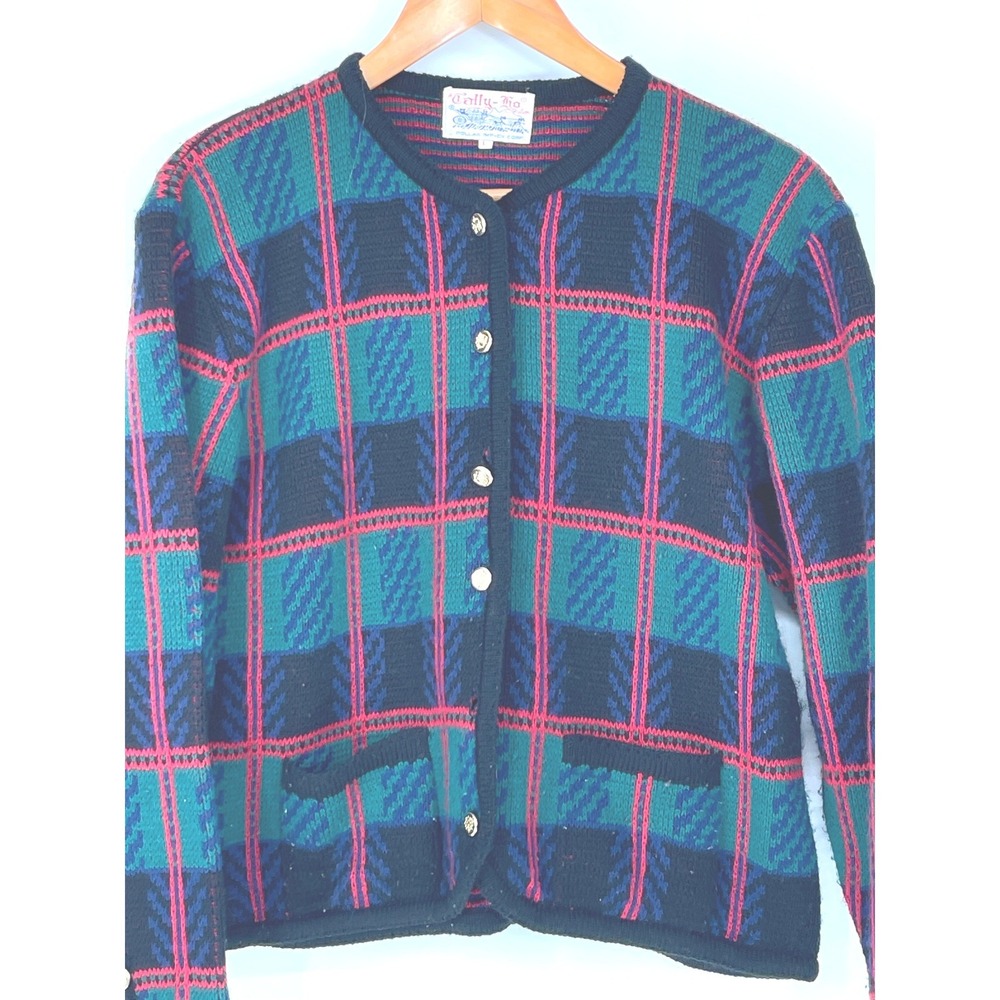 Tally-Ho Womens Cardigan L Sweater Green Plaid Gold Button Vintage Read - Picture 4 of 14